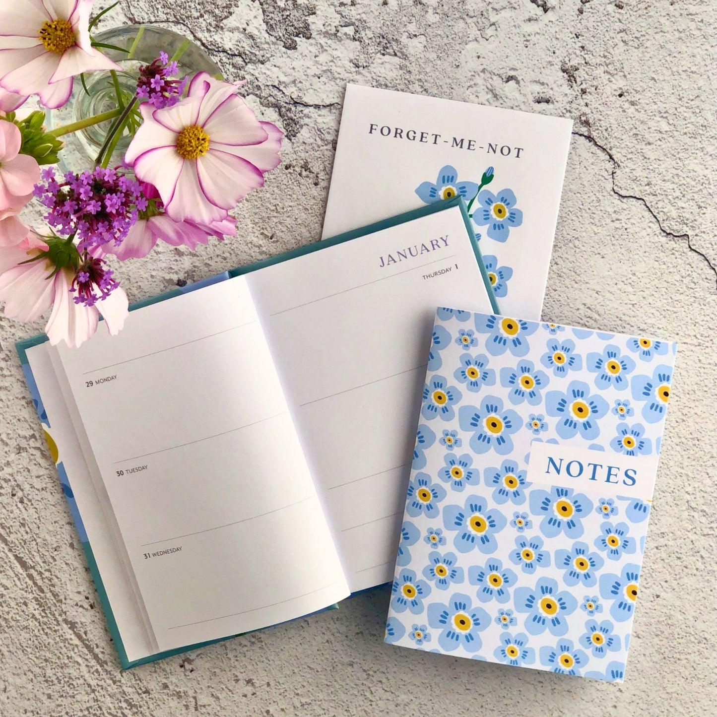 2026 Pocket Diary, A6, Week-to-a-view, hardback, Forget-me-Not flower illustration