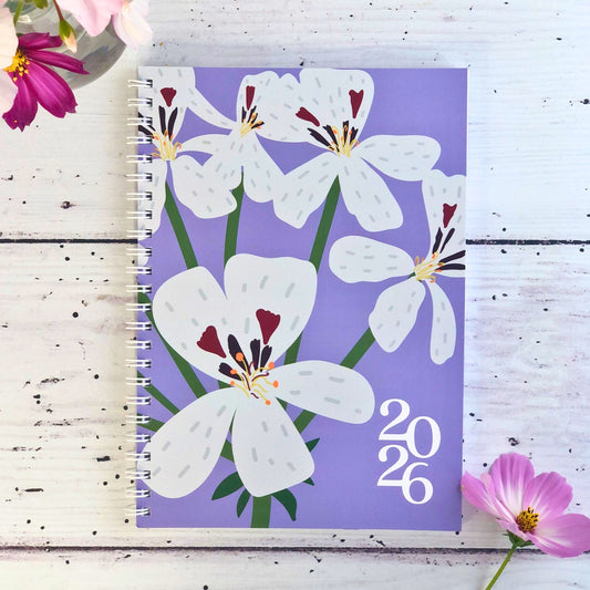 2026 Diary, Week to a view, A5, Pelargonium Floral illustrations